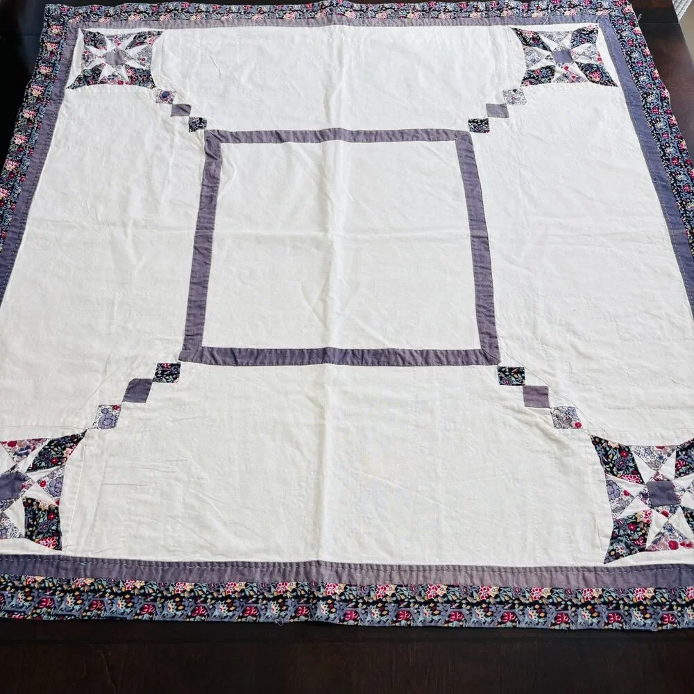 VTG Handmade Patchwork Star Quilt Table Topper Cream Lavender 34X34 Cottagecore